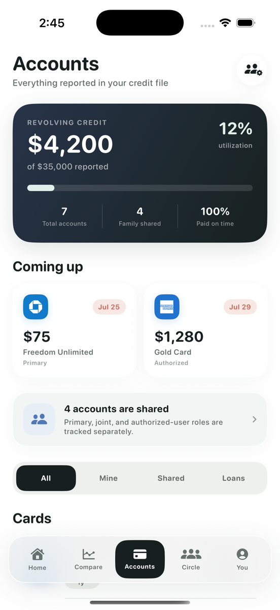 Accounts screen listing credit cards with issuer logos