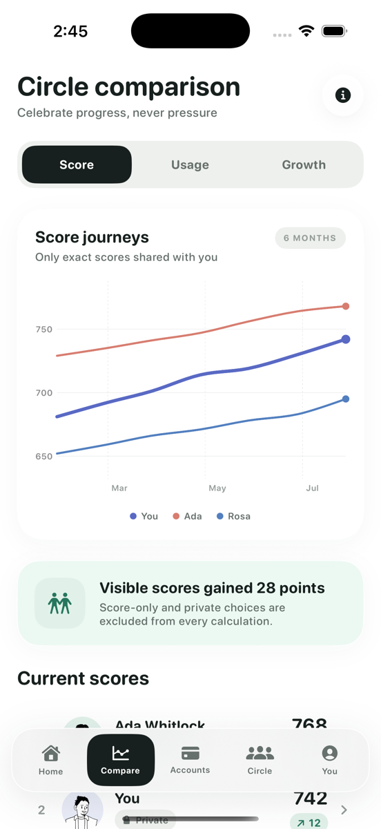 Compare screen showing score journeys for several family members
