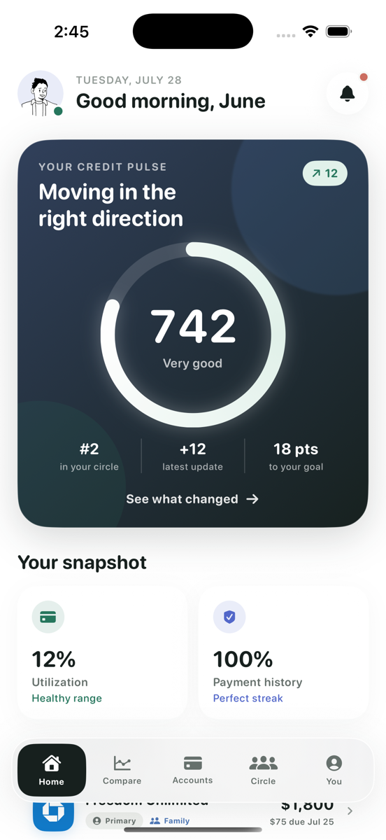 The Sibb home screen showing a credit score and this month's snapshot