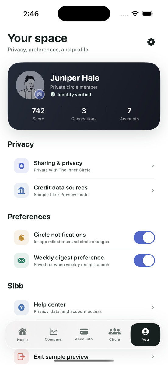 Profile screen with privacy and sharing controls